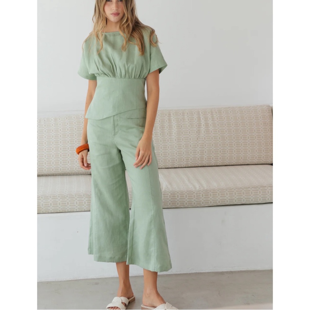 NEW Faride Linen Wide Leg Cropped Pants Size Small Mint Green